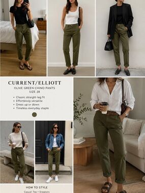 Current/Elliott Olive Green Chino Pants Size 28 Casual Utility Trousers
